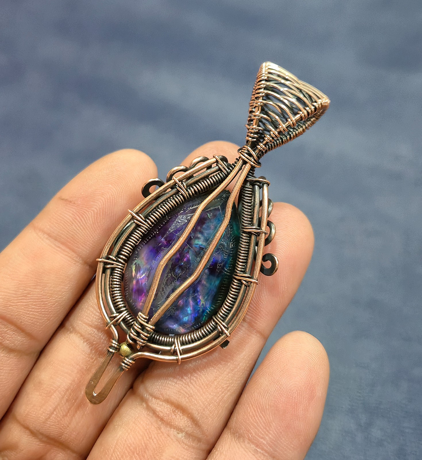 Faceted Ammolite Pendant Copper Wire Wrapped Jewelry Handmade Gem Jewelry