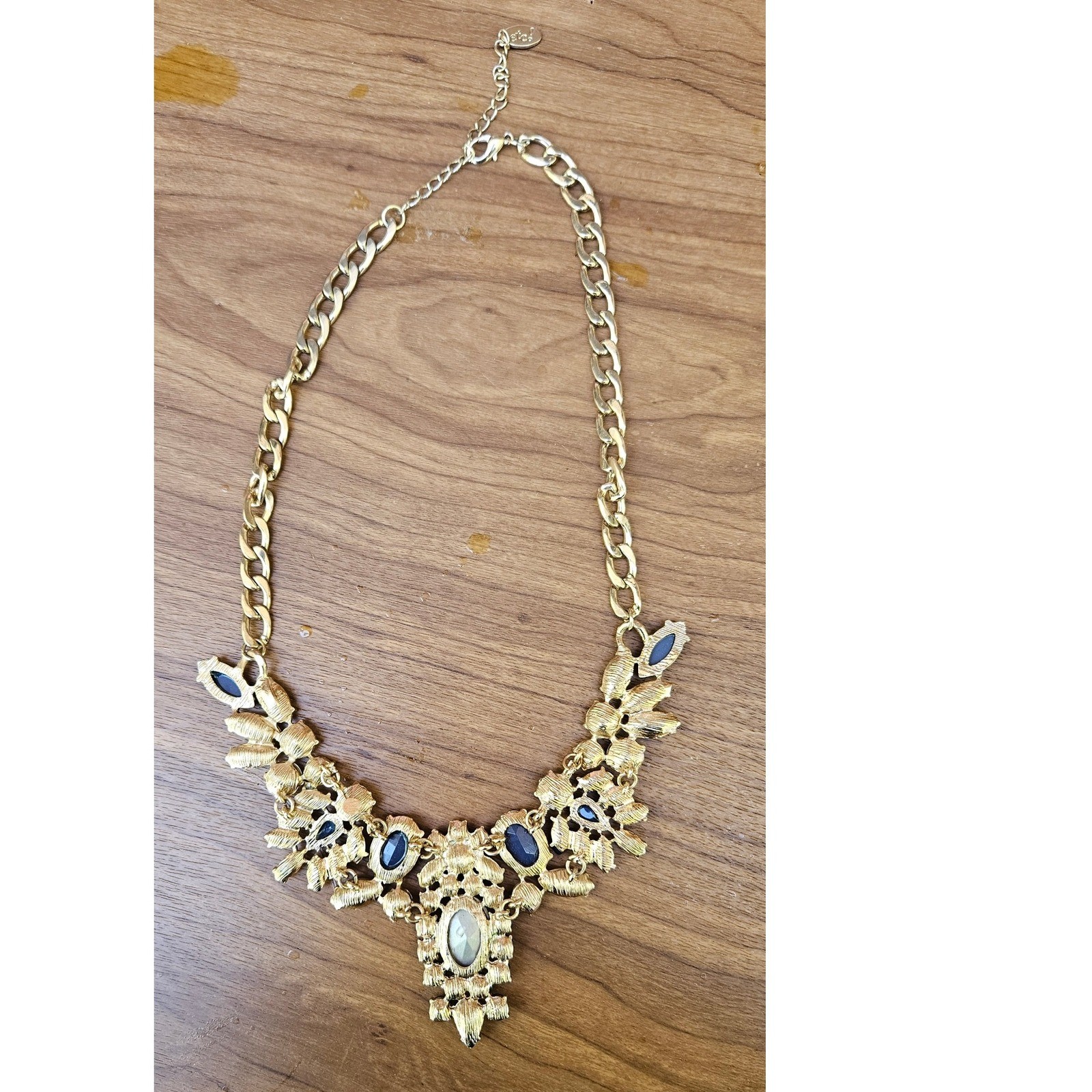 etc! Gold Chain Necklace with Blue & Clear Rhinestone Statement Bib