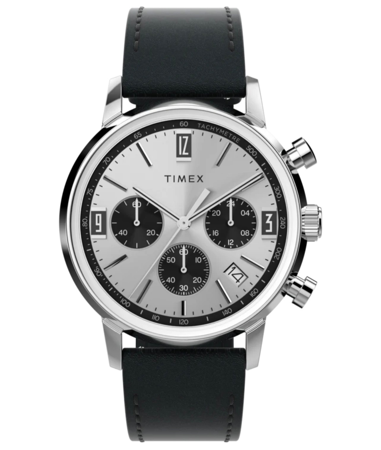 Timex Marlin Chronograph Watch black leather silver dial 40mm TW2W10300
