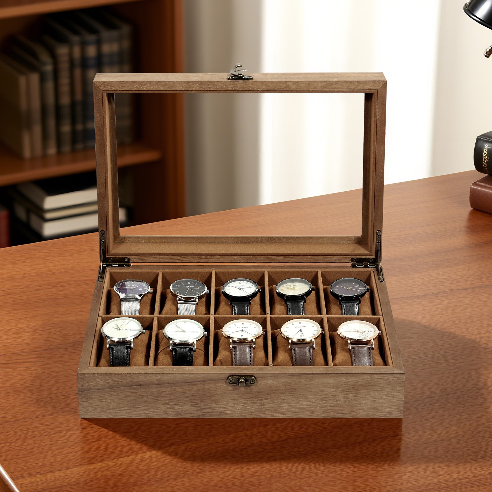 10 Slots Watch Box Wooden Jewelry Organizer Display Case with Glass Lid Gift