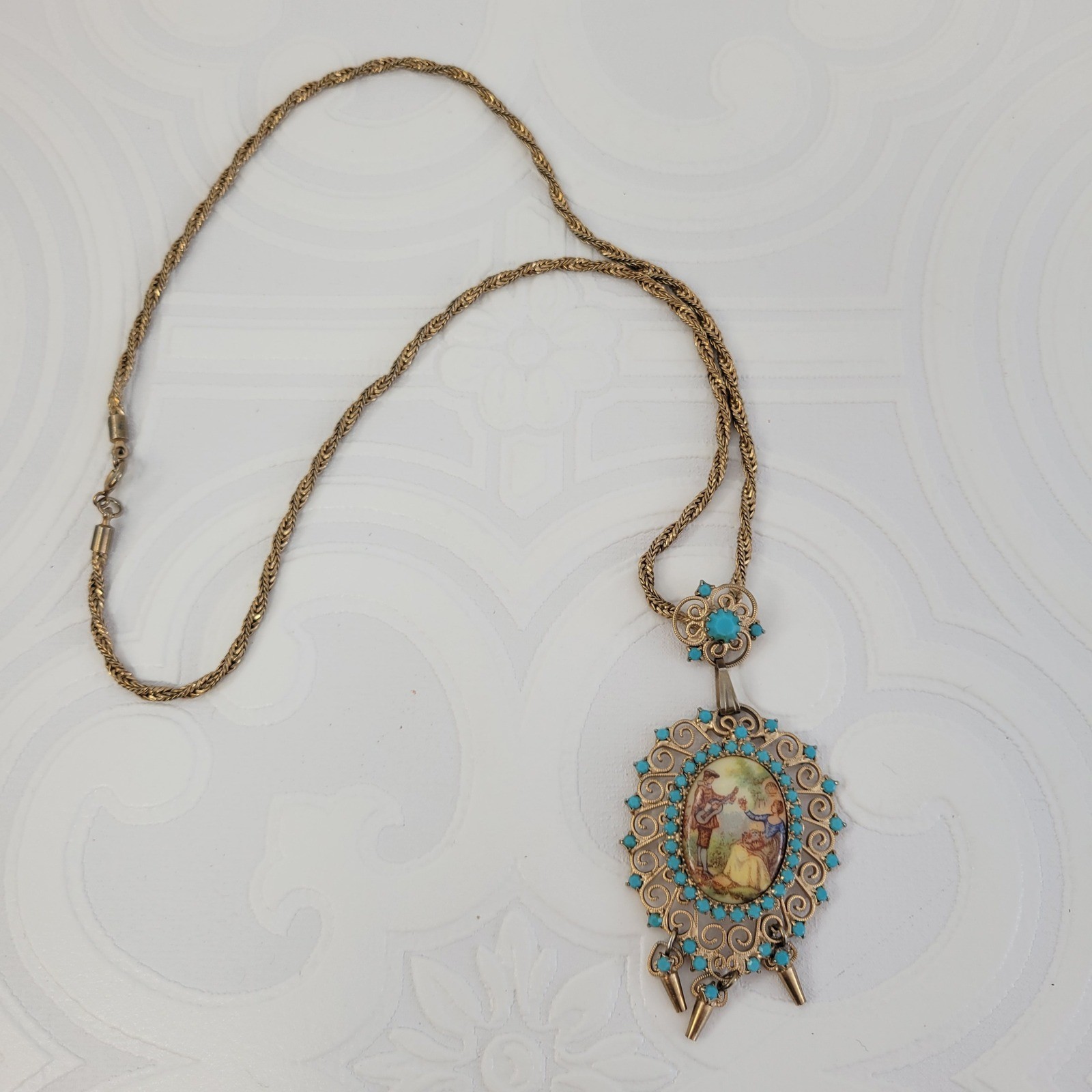 Juliana Delizza Elster Necklace Gold Tone Victorian Revival Turquoise Rhinestone