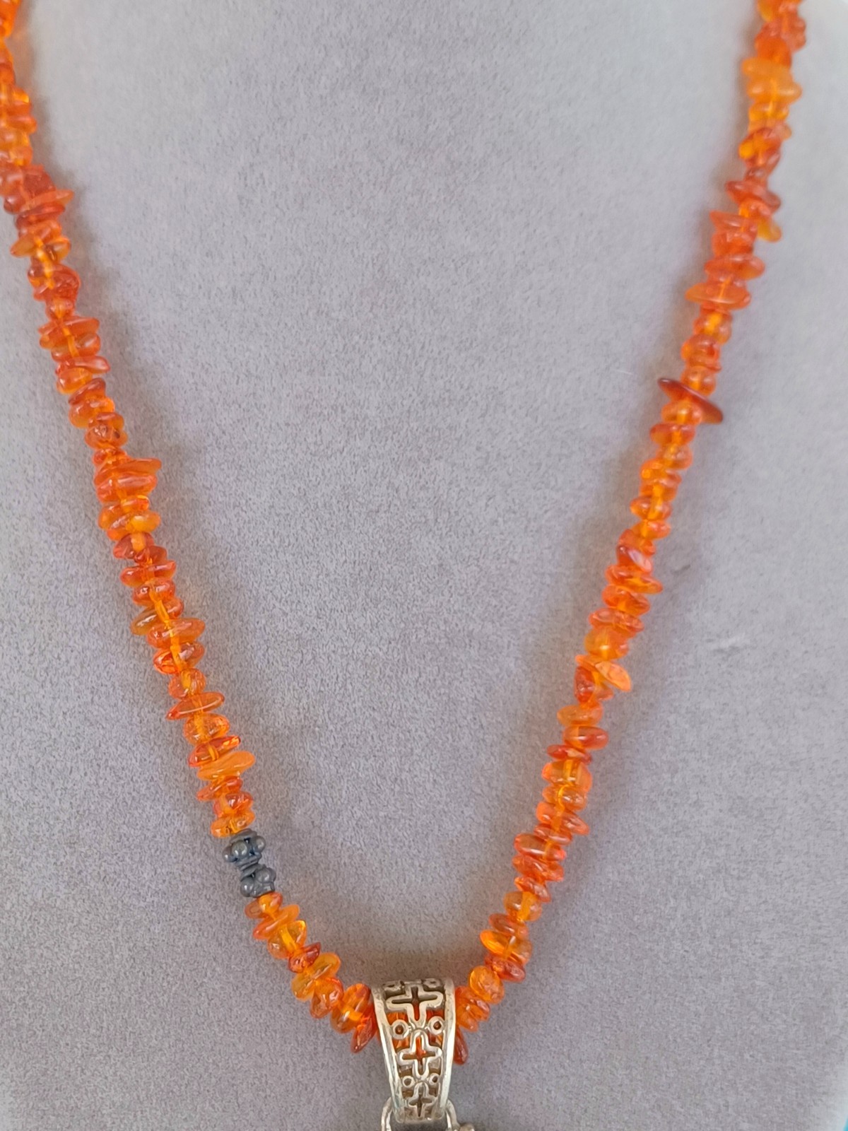 Vtg Barse Sterling Silver Turquoise Pendant Amber Bead Necklace