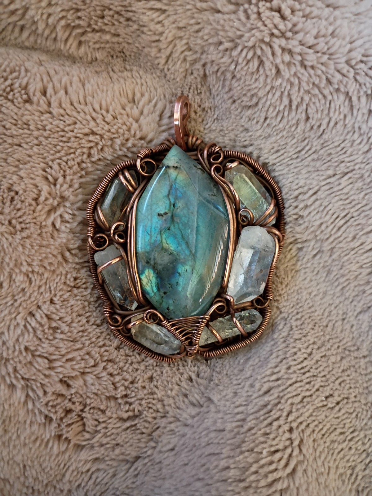 Labradorite Surrounded In Quartz Crystals Wirewrap Pendant Copper Statement