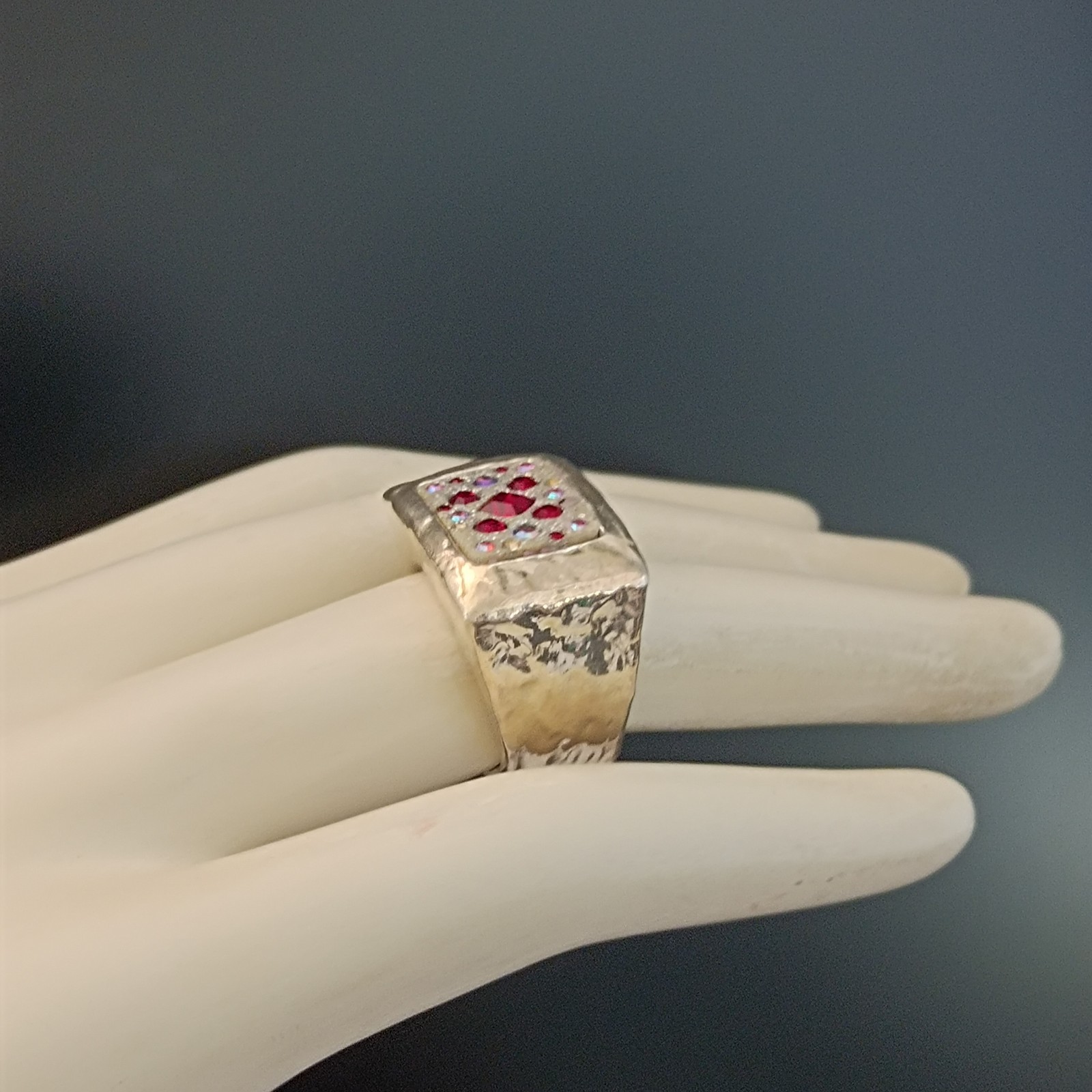 Chunky Silver Statement Ring Hammered Puffy Dramatic Bold Red Orit Schatzman 925