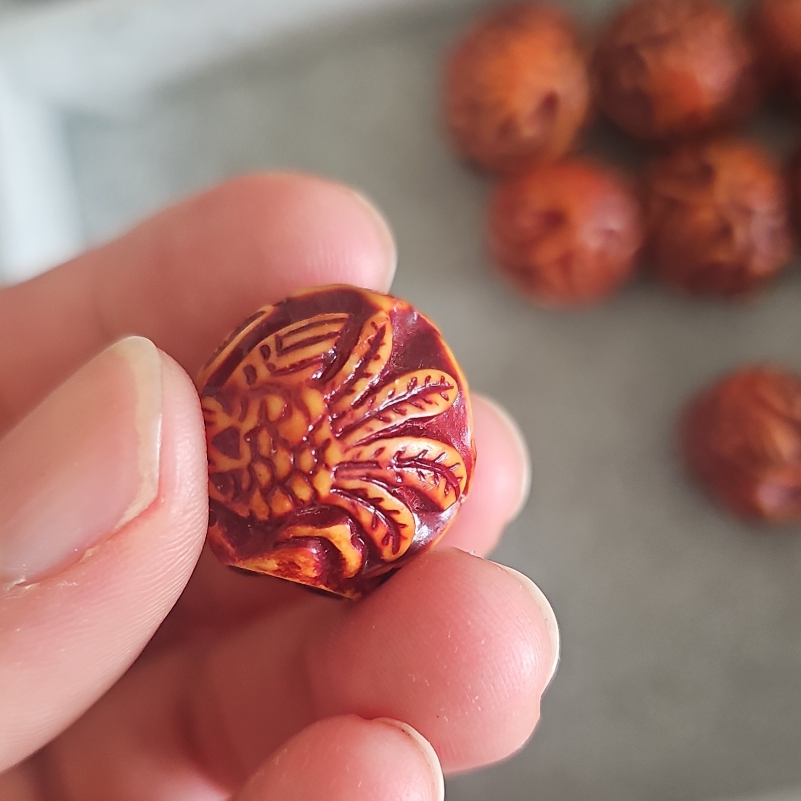 Carved Resin Dragon /Phoenix Round Beads 20mm Orange/Brown Large Hole Lot of 9