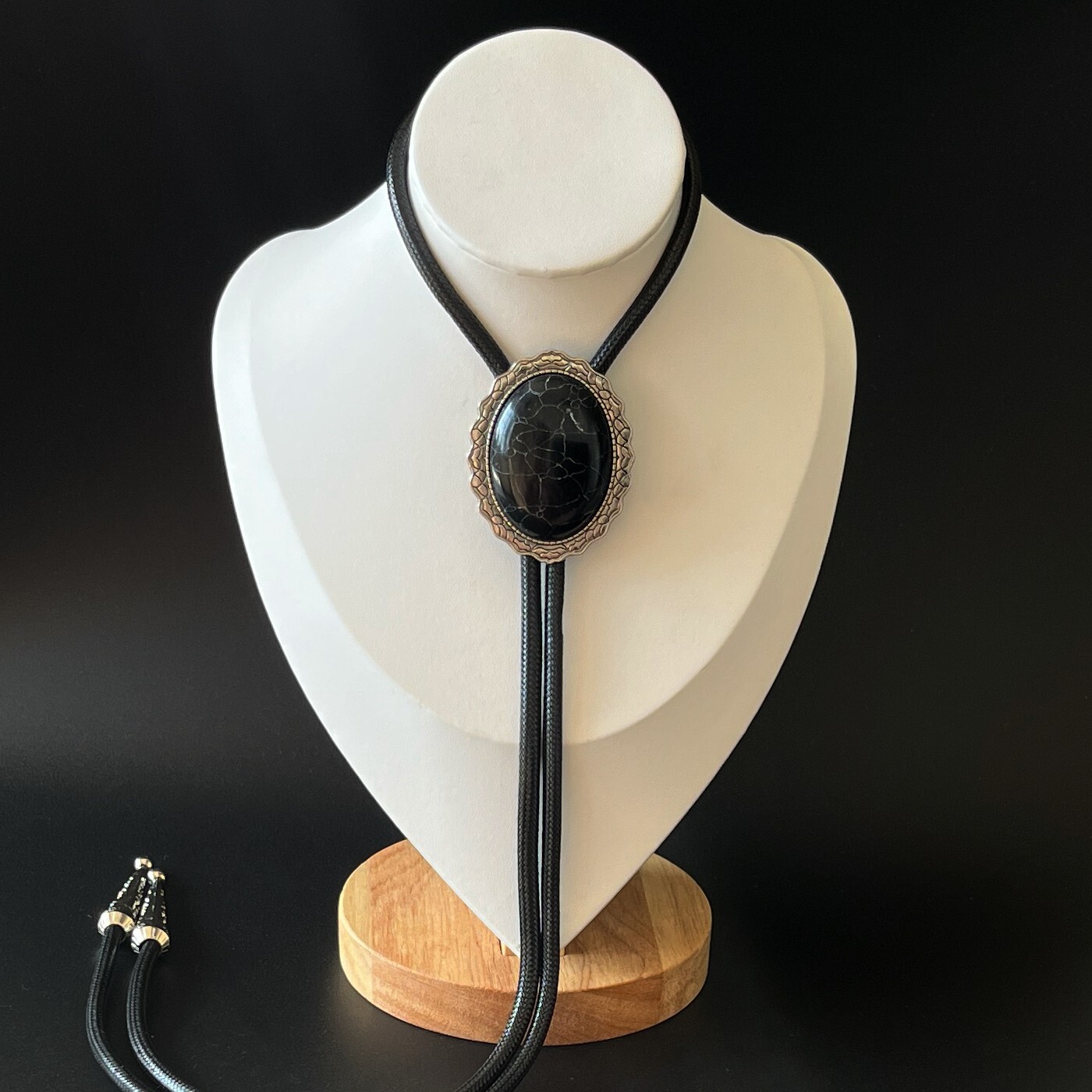 Silver Lace Base Giant Black Granite Mens Bolo Tie Waxed Rope Wedding Necklace