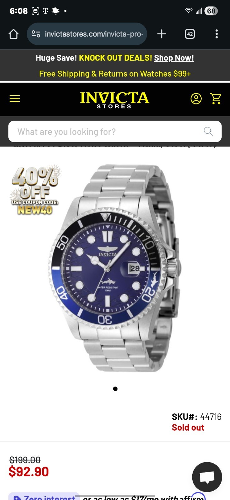 Invicta Pro Diver Men’s Watch – 43mm, Steel (44716) NIB