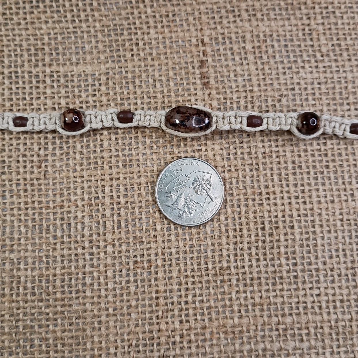 New Natural Hemp Choker Necklace W/ Mixed Brown Beads 13-18 in Tie-On Macrame