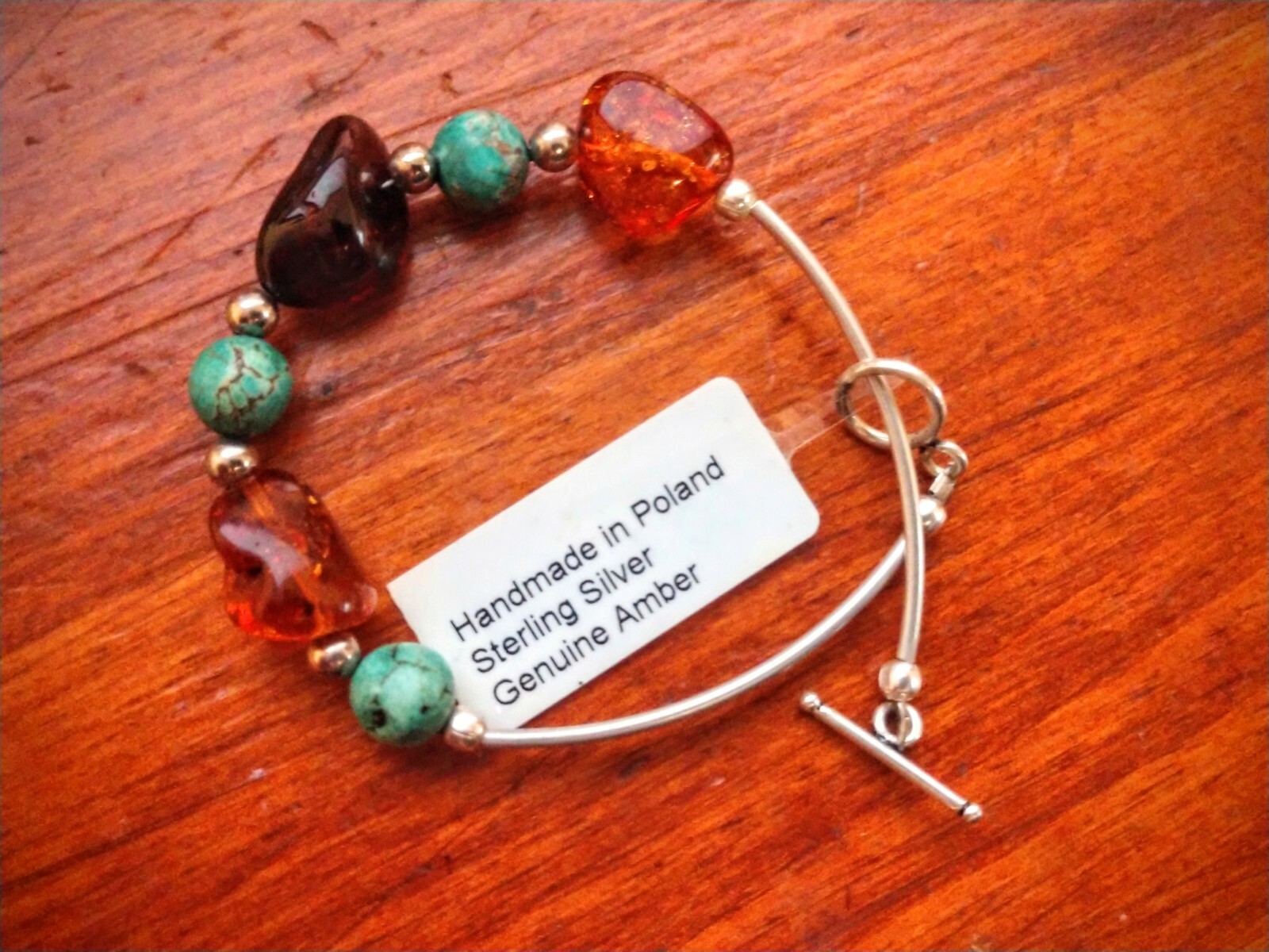 Sterling Silver~AMBER from Poland Casual & Pretty Bracelet Amber & Green Beads ~