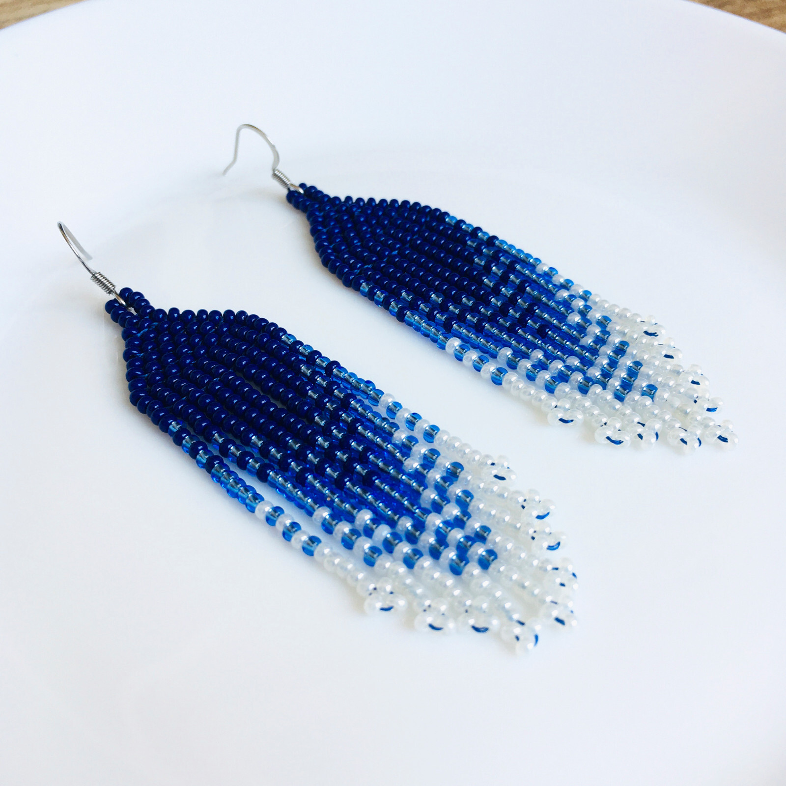 Navy blue ombre seed bead earrings, Handwoven gradient waterfall beaded earrings