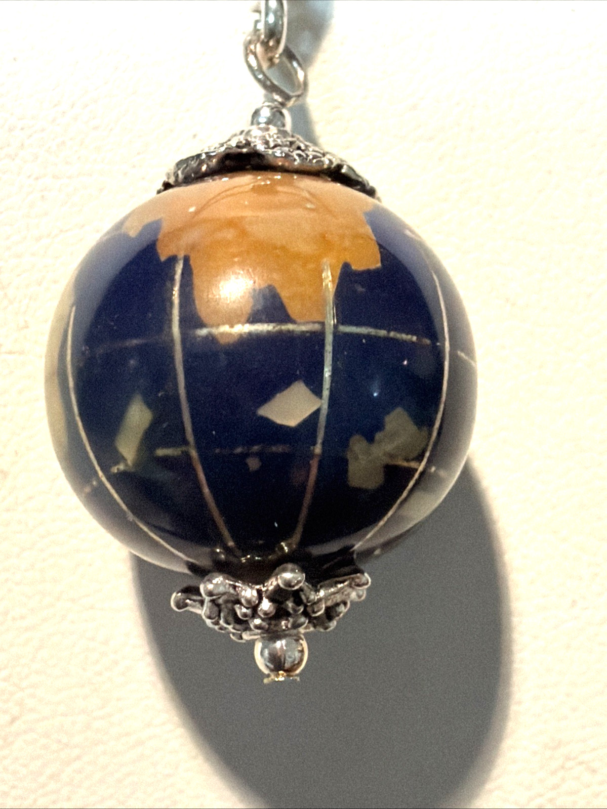 *NEW ITEM-LG. VTG. 20MM LAPIS GEMSTONE INTARSIA WORLD GLOBE NECKLACE .925 SILVER