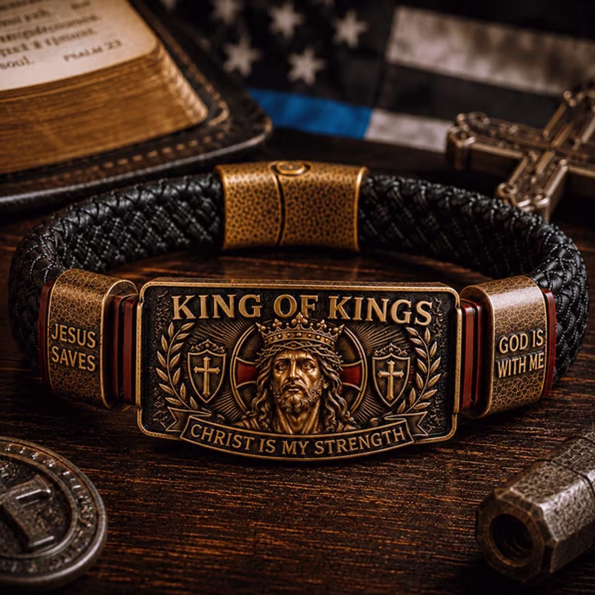 King of Kings Religious Bracelet, Adjustable Inspirational Wristband for Men