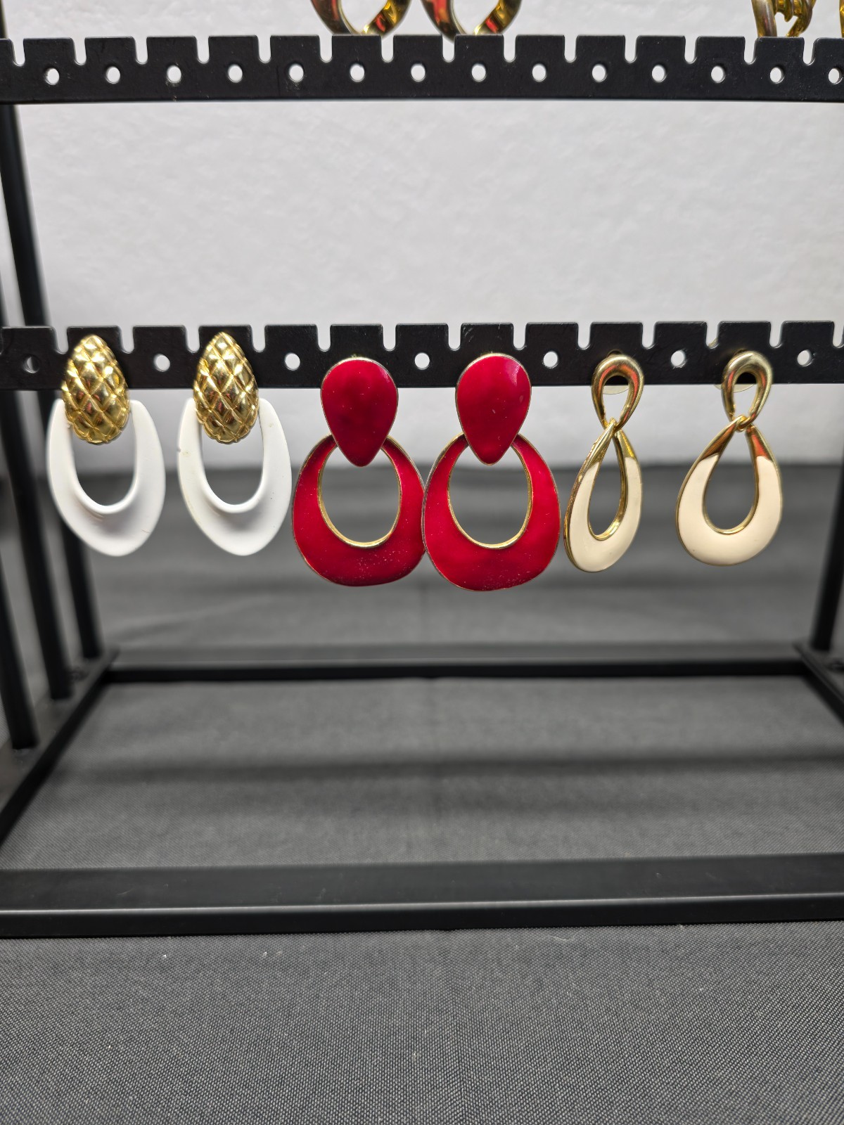 Vintage 80s Enamel Door Knocker Earrings Lot 3 Pairs Red White Cream Geometric