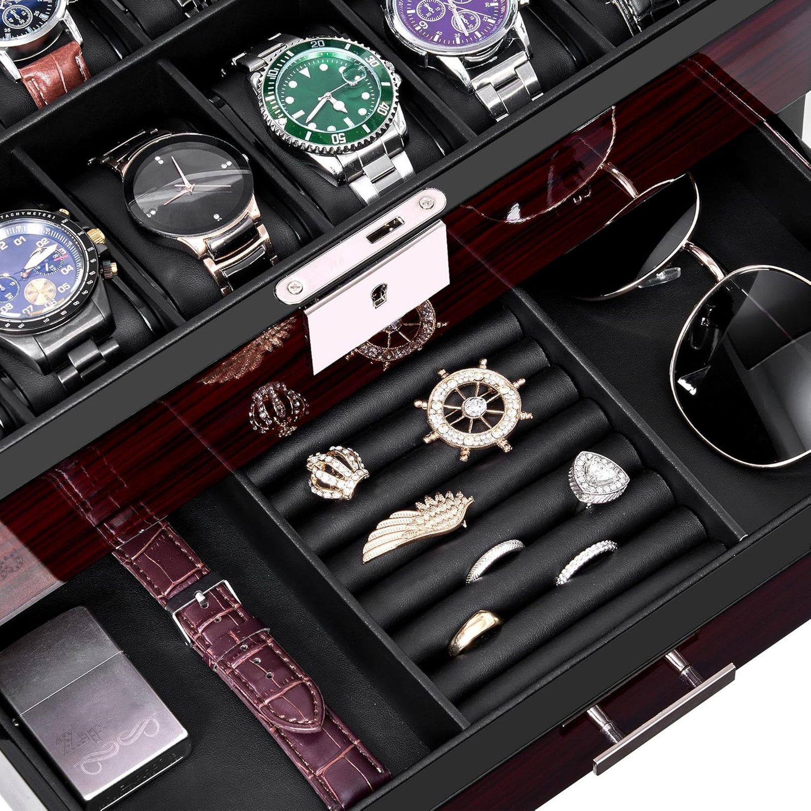 12 Slot Watch Cases with Glass Lid Lockable Organizer for Men, Synthetic Leather