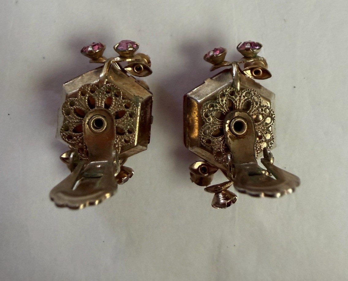 Vintage HOBE Signed Necklace Bracelet Clip On Earrings Multicolored Crystals Set