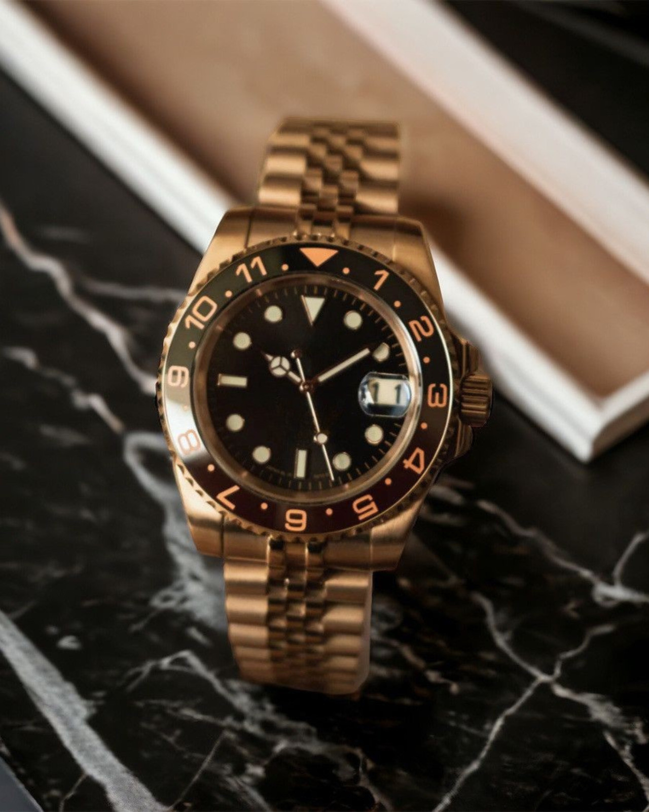 PrimeCrown Rose Gold GMT Automatic | Black/Brown Bezel | NH34