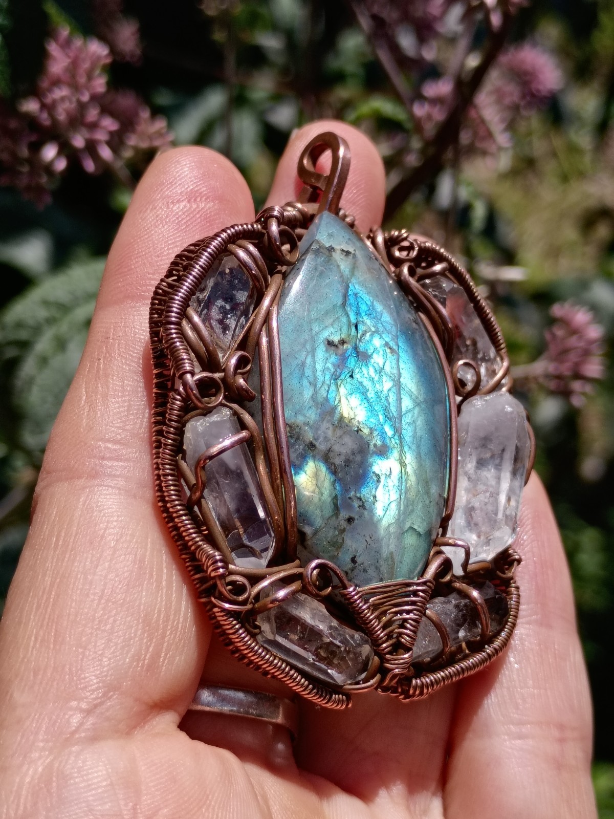 Labradorite Surrounded In Quartz Crystals Wirewrap Pendant Copper Statement