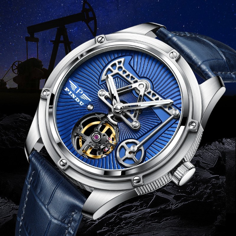 PINDU Men’s Luxury Dress Watch 45.5mm Steel Analog Oil Well Watch Luminous