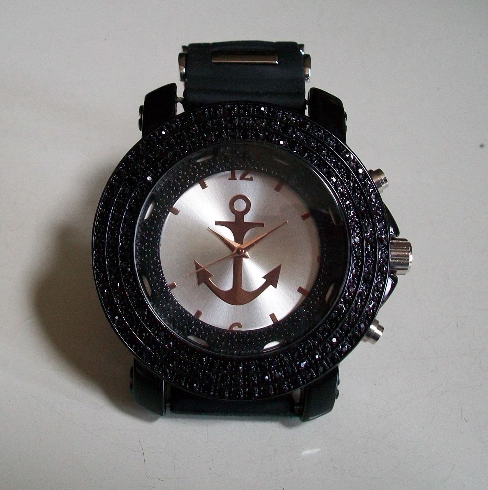 Black, Silver & Rose Gold Finish Anchor Silicone Band Fashion Casual Watch