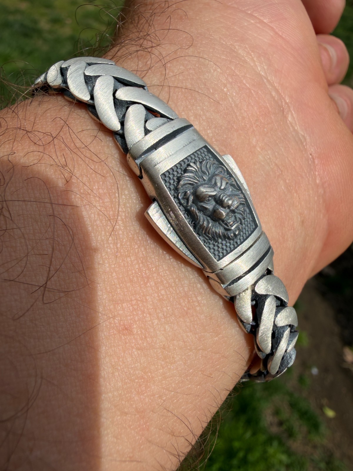 Mens Custom 10mm Wheat Link Bracelet W. Custom Lion Clasp Real 925 Silver