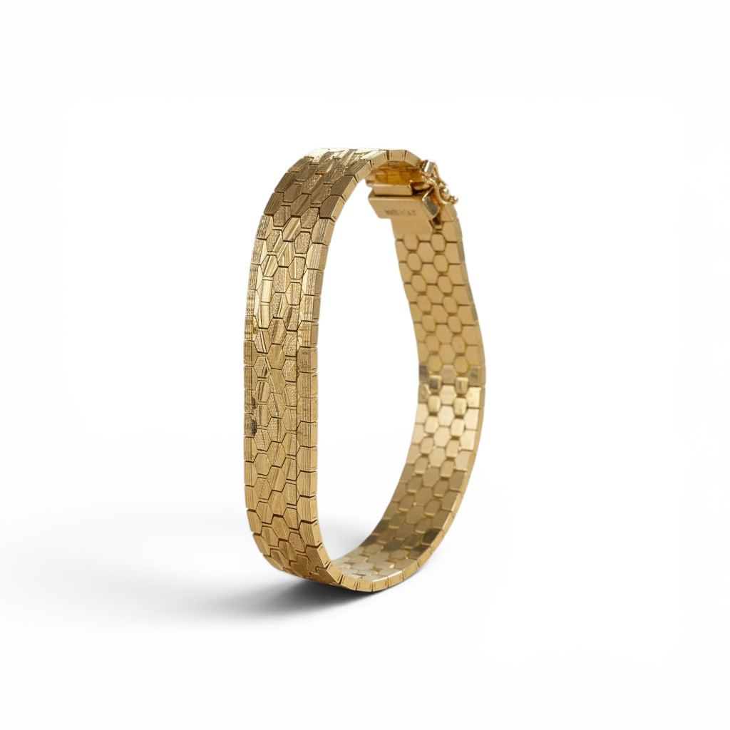 Vintage Italian Honeycomb Link Bracelet Heavy Gold Plated Wide Retro 7.25″ 35.4g