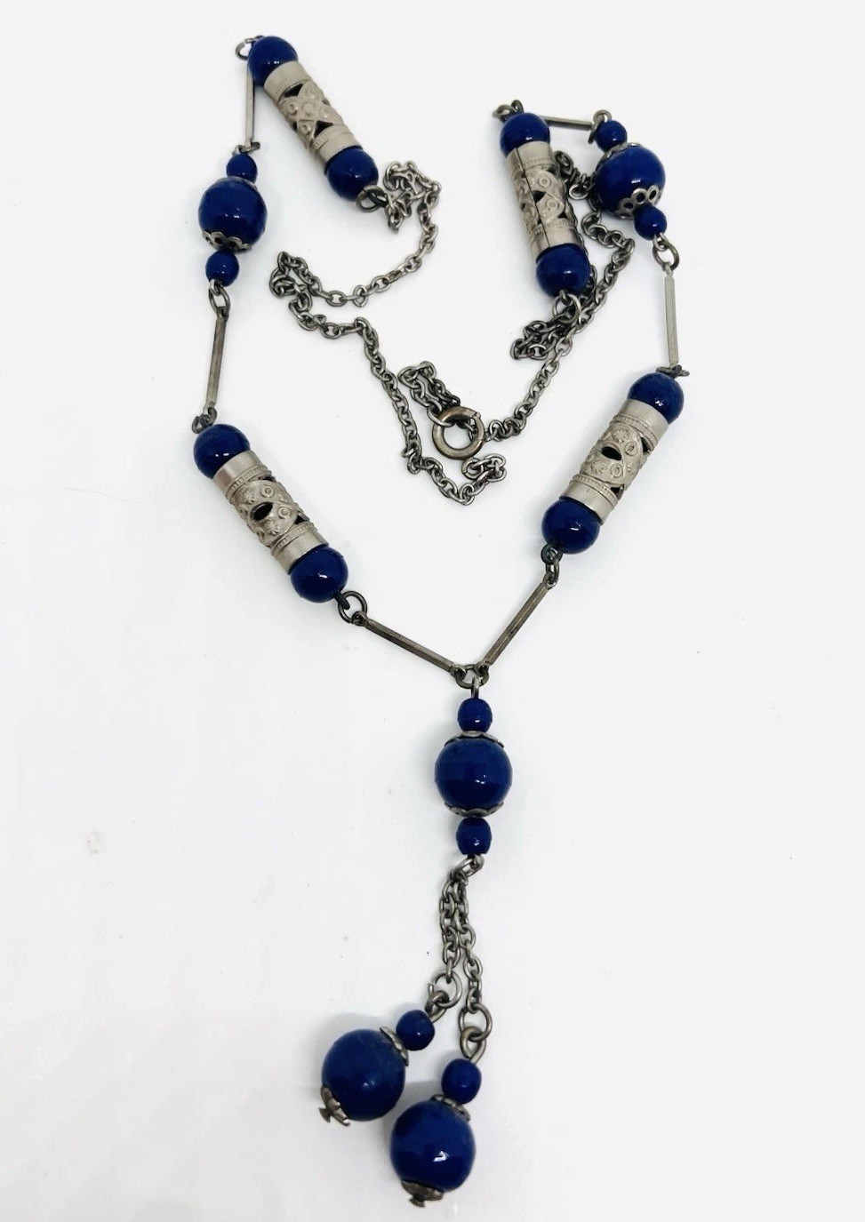 Long Art Deco Lapis Glass Beaded Sautoir Necklace 30 Inch Vintage Jewelry