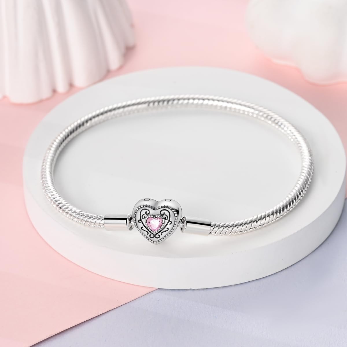 Sterling Silver Snake Chain Charm Bracelet 7.5″ Retro Heart Butterfly Heart