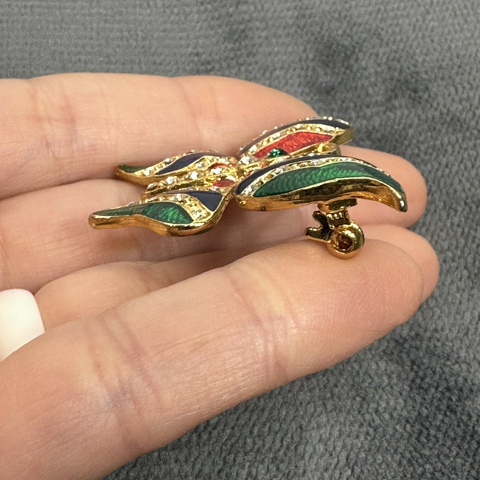 Vintage Butterfly Enamel Brooch Pin Gold Tone Red Blue Green Rhinestones Shiny