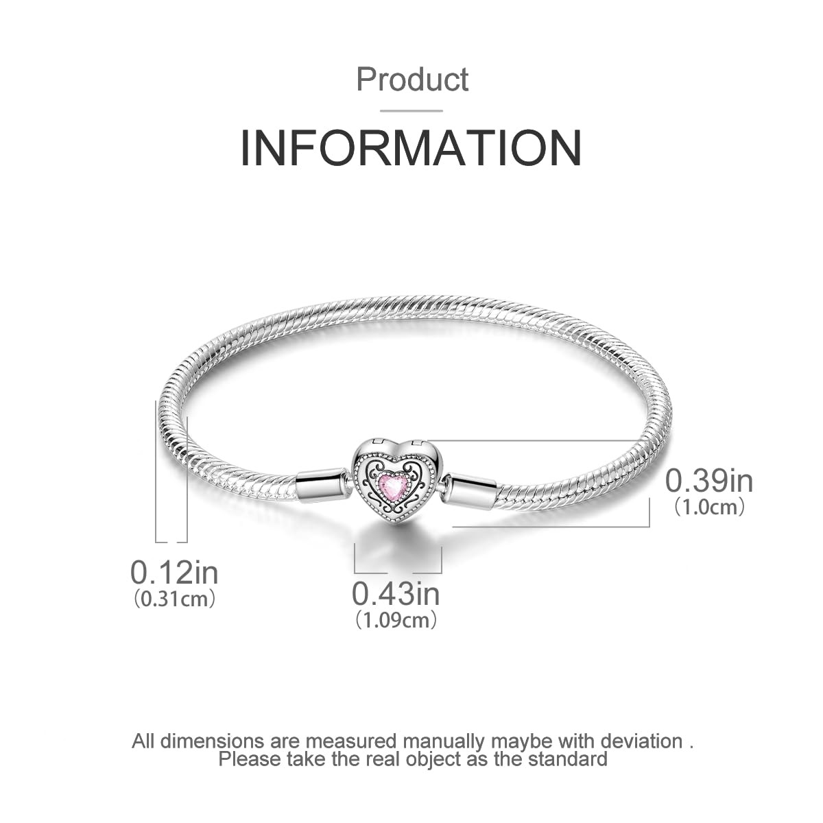 Sterling Silver Snake Chain Charm Bracelet 7.5″ Retro Heart Butterfly Heart