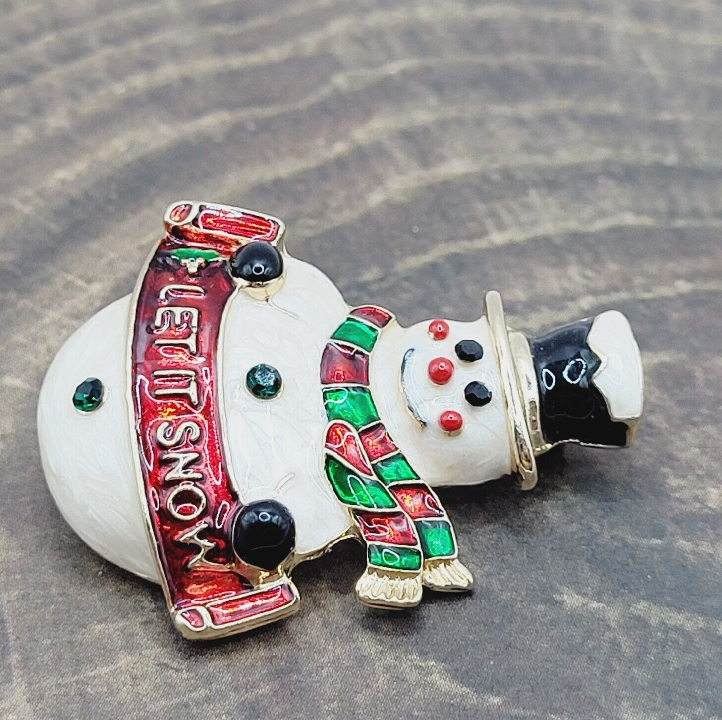 LET IT SNOW Metal and Enamel Snowman with Top Hat Scarf Gold Tone Brooch Pin