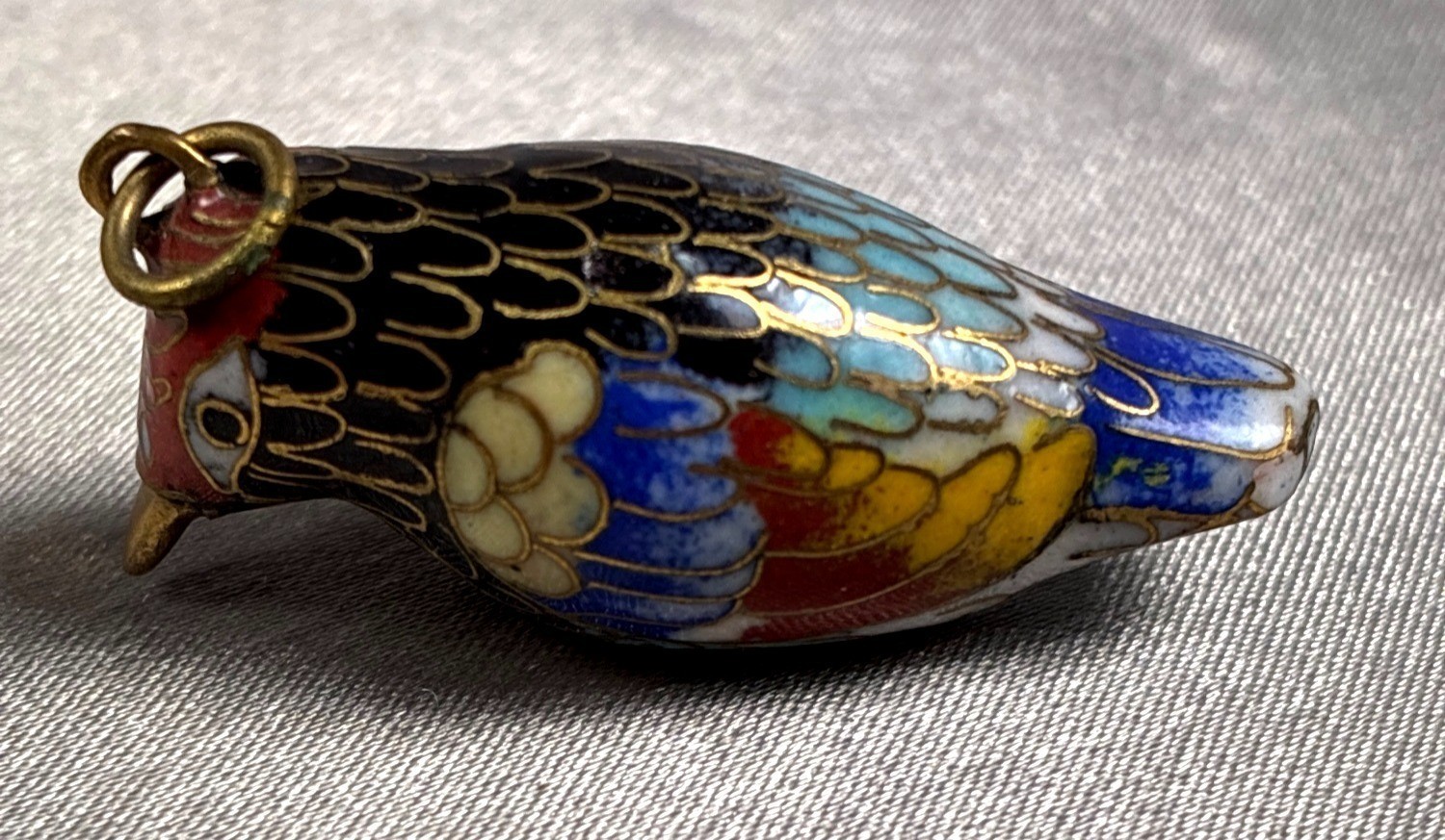 Vintage Cloisonné Bird Charm Pendant Miniature Enamel Bird Figural Gold Tone Col