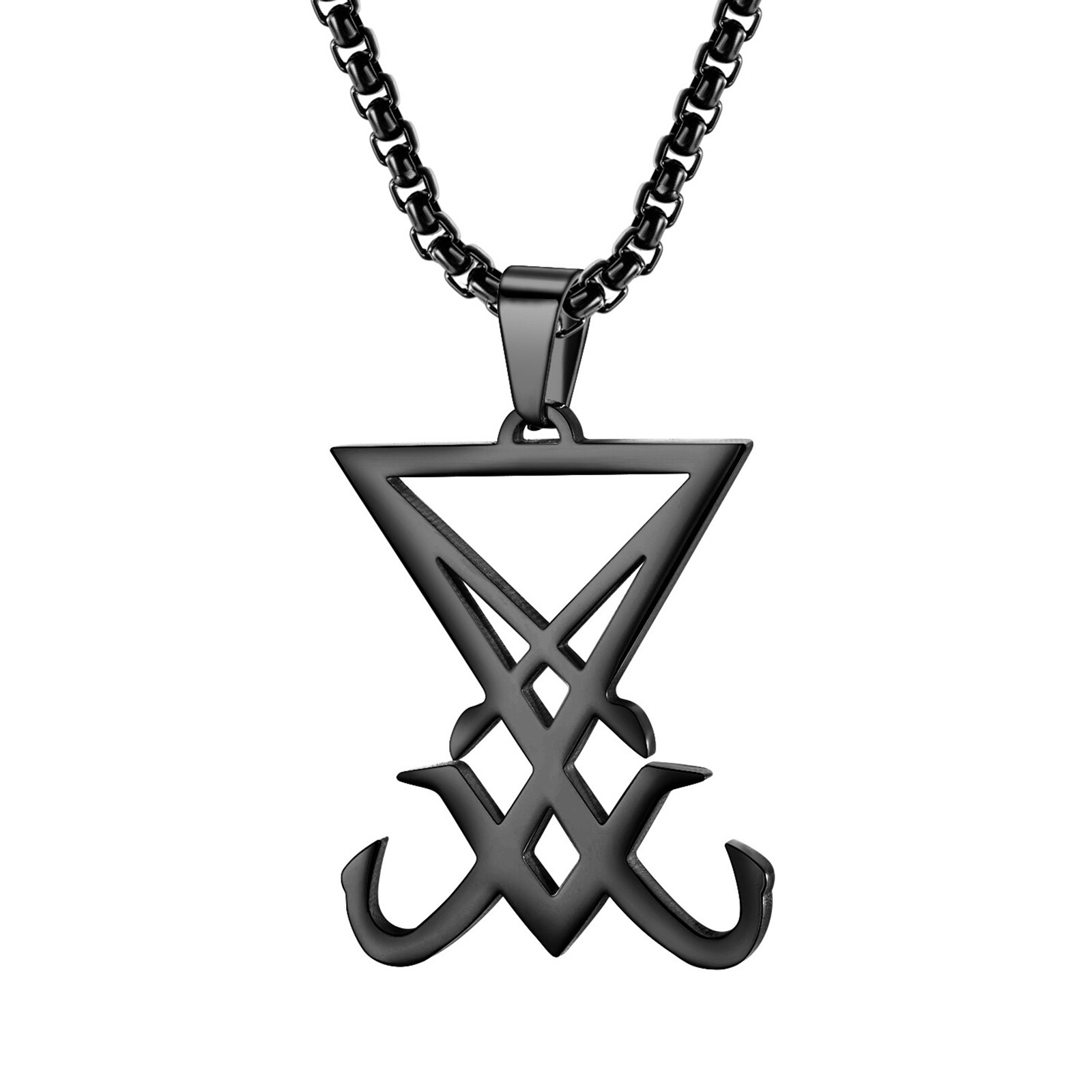 Sigil of Lucifer Pendant Necklace Mens Satanic Amulet Stainless Steel Chain 24″