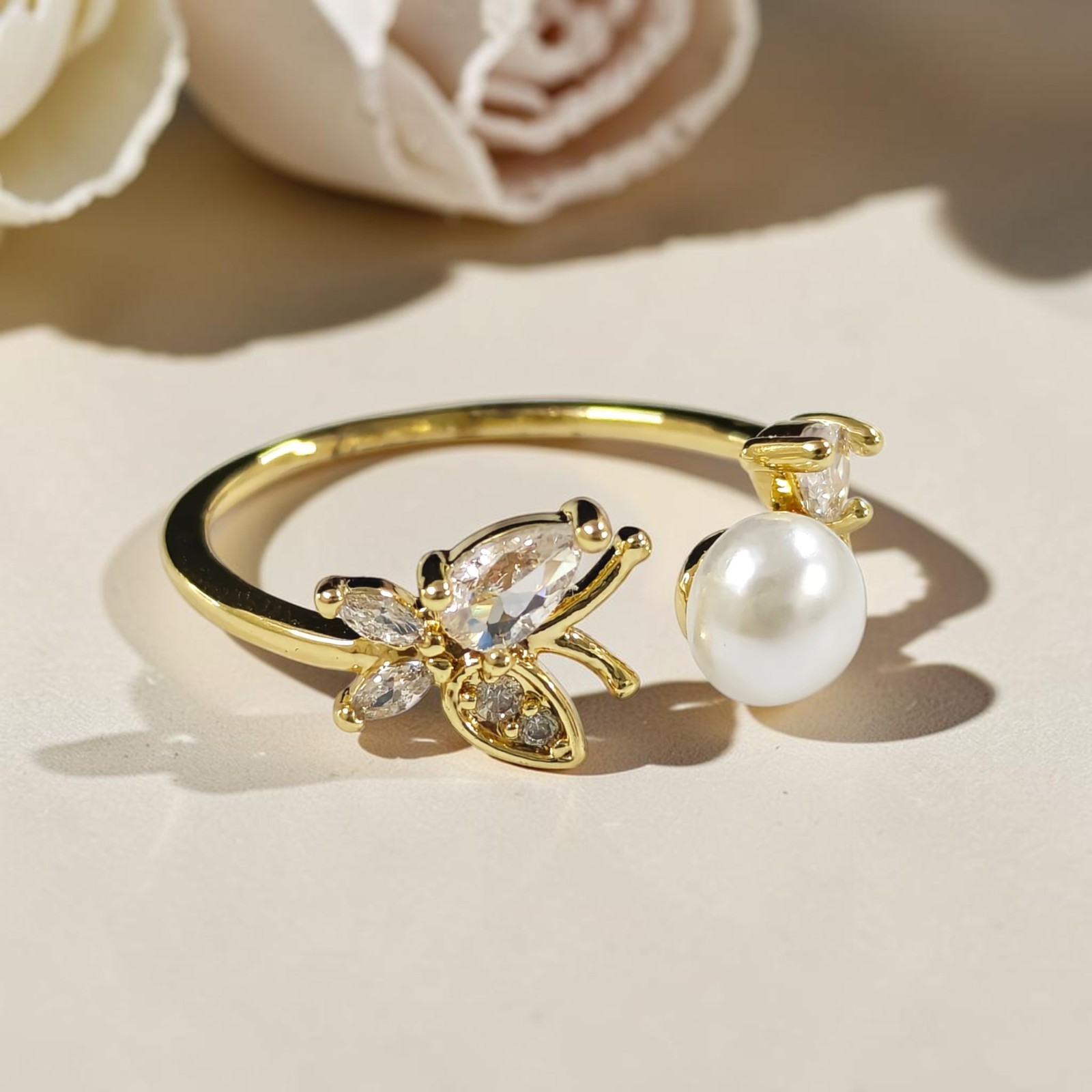 Gold Stainless Steel Butterfly Pearl Ring CZ Crystal Adjustable Open Cuff Ring