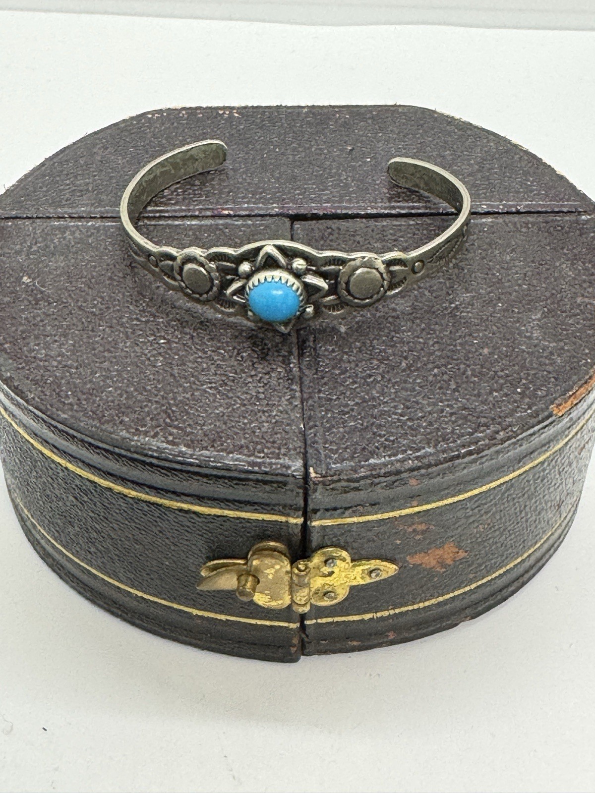 Vintage Navajo Turquoise Nickle Silver Cuff Bracelet Signed Bell Small 4 3/4″