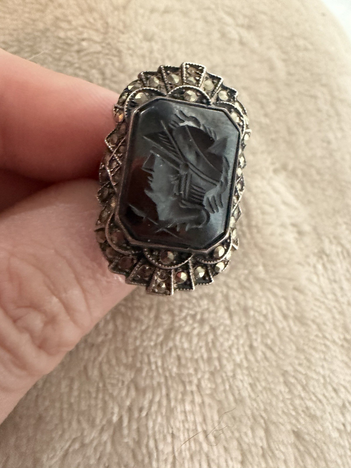 Silver Tone Black Onyx Marcasite Rectangle Cameo Cocktail Ring Bezel Size 7