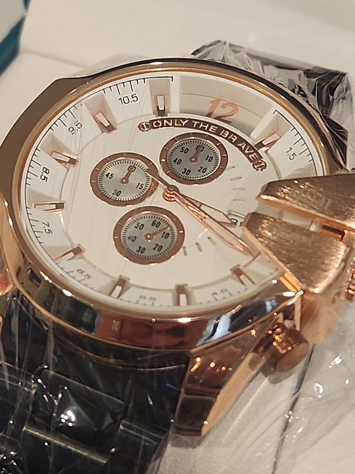 Bibi Luxury Watch Rose Gold Bezel White Dial Black Metal Bracelet 50mm