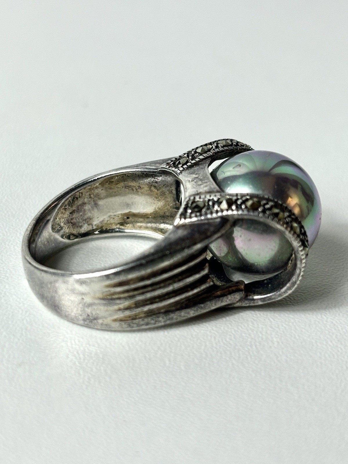 Vintage 925 Sterling Silver Faux Gray Pearl Ring, Size 6.75