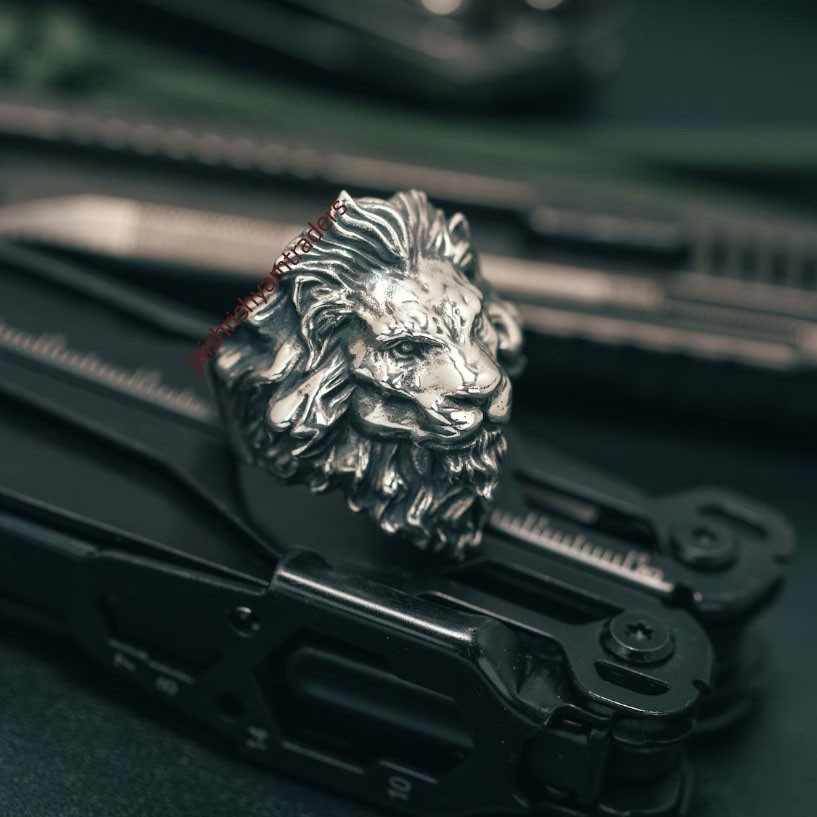 Men’s Lion Head Ring Oxidized 925 Sterling Silver Bold Statement Biker Jewelry