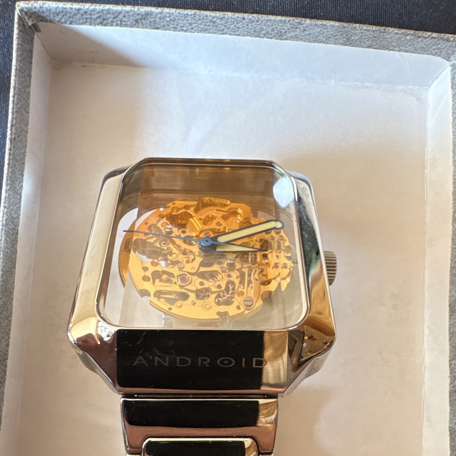 Android Mystique Skeleton Dial Automatic Square Silver Tone Bracelet WORKING