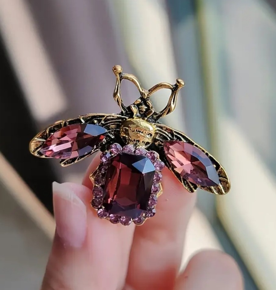 VTG DARK ROYAL PURPLE BEE INSECT BUG BROOCH PIN~RHINESTONE CRYSTAL~GARDENER GIFT