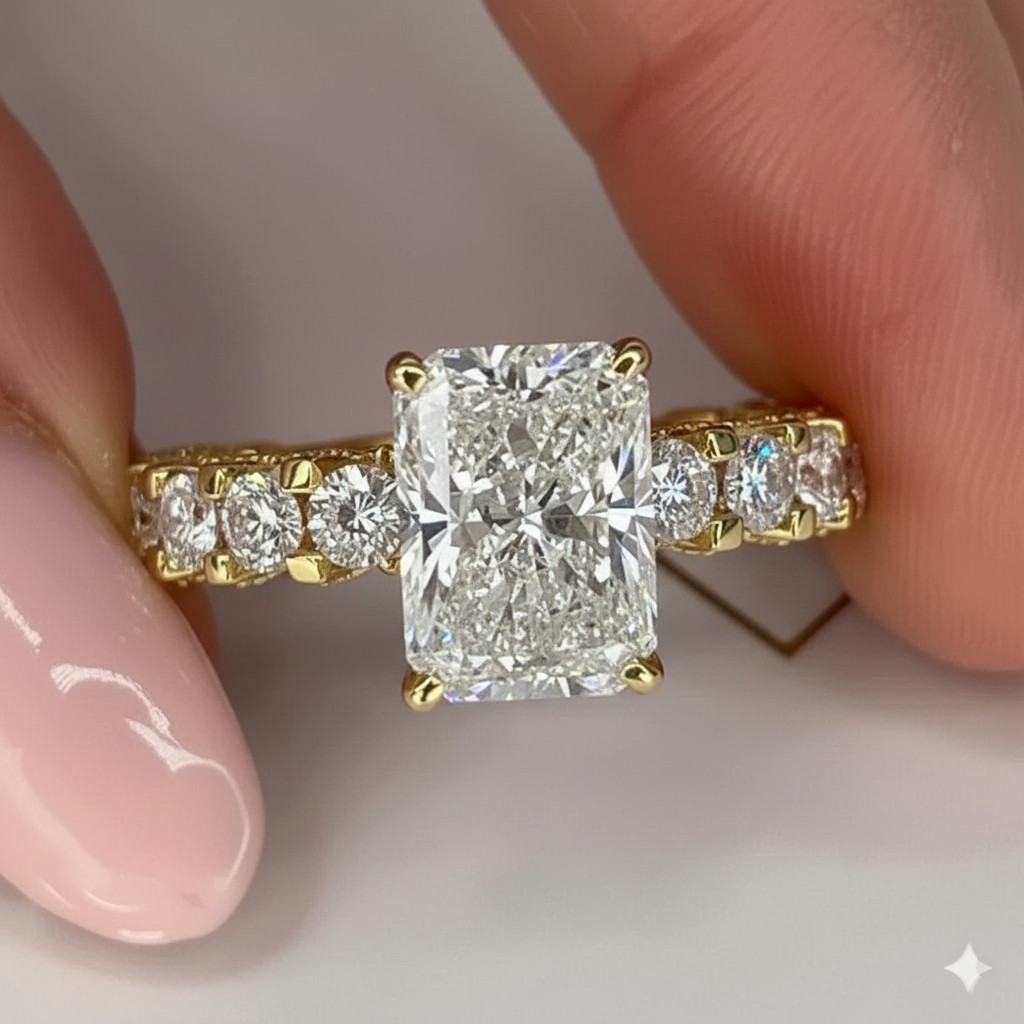 14k Yellow Gold 4 Carat Diamond Lab Grown IGI E F VVS Ring Certified Radiant Cut