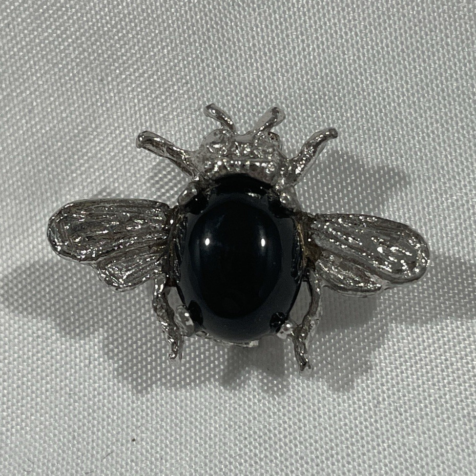 Silver-Tone Bee Brooch Pin with Black Oval Cabochon Bezel Setting 1 in