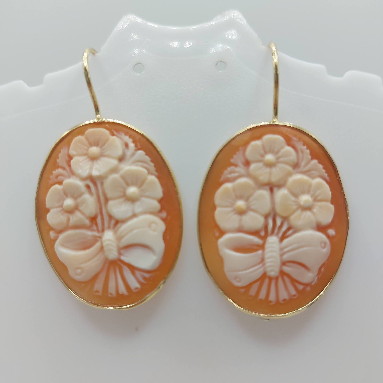 Cameo Earrings Floral Hand Carved Gold Silver Secure Hook Corail Ohrringe