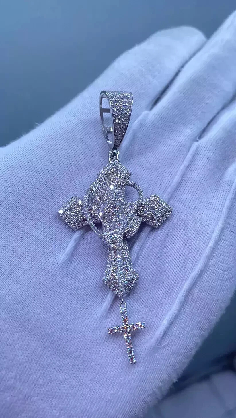 Round 3 Ct REAL Moissanite Praying Hand Cross Men’s Pendant 925 Sterling Silver