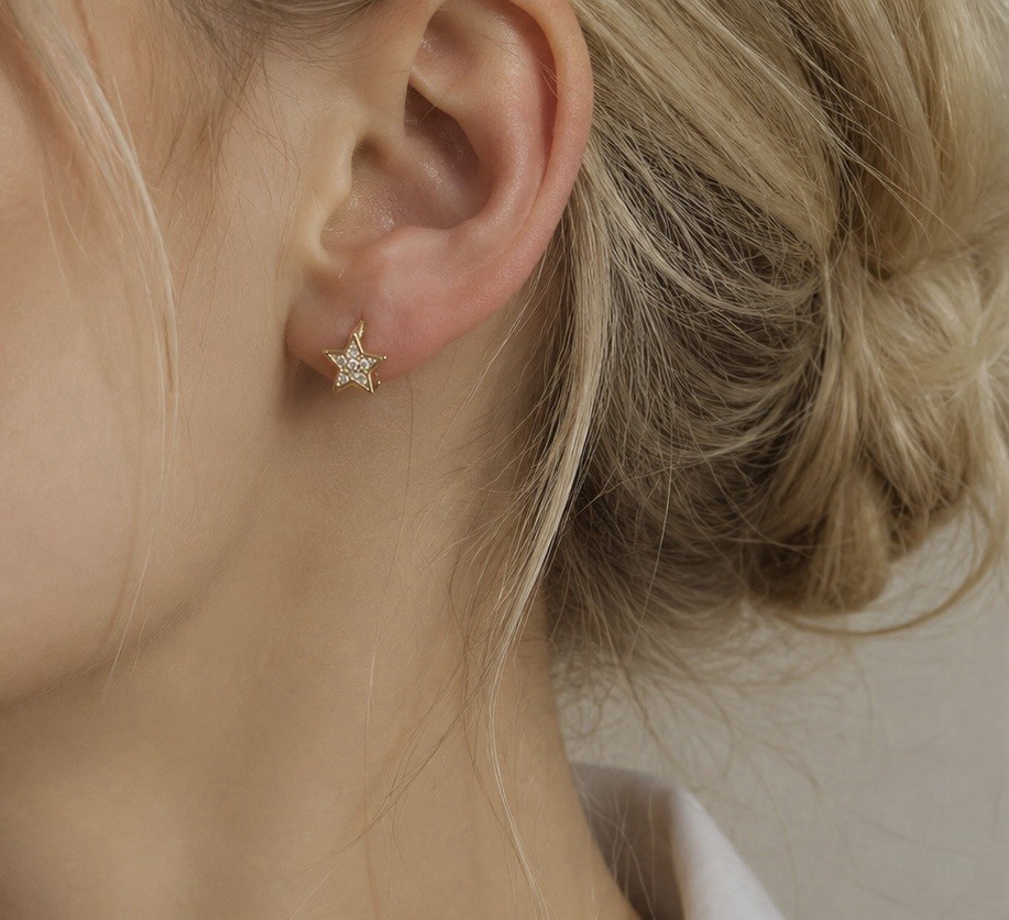 18K Gold Plated Star Huggie Hoop Earrings 9mm Small CZ Unisex Earrings 177