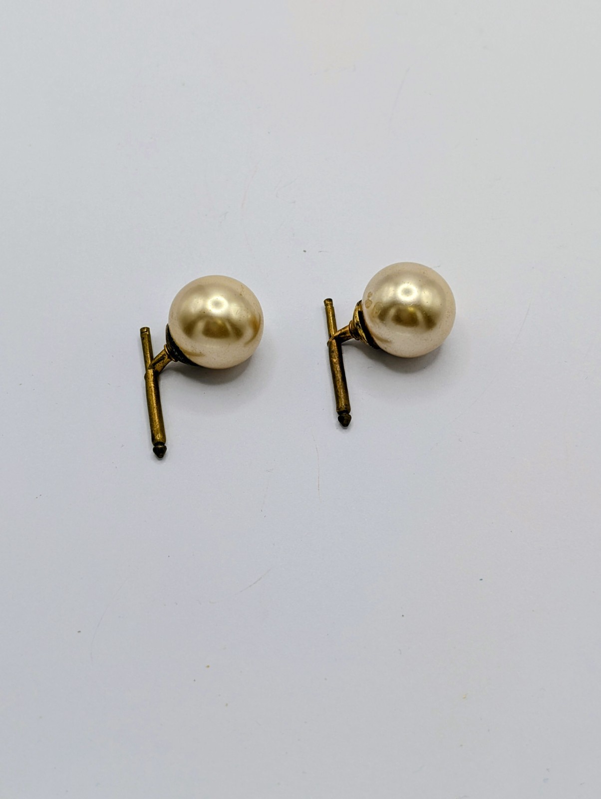 Vintage T-Bar Cufflinks Gold Tone Metal White Round Faux Pearl Pair 50 60s