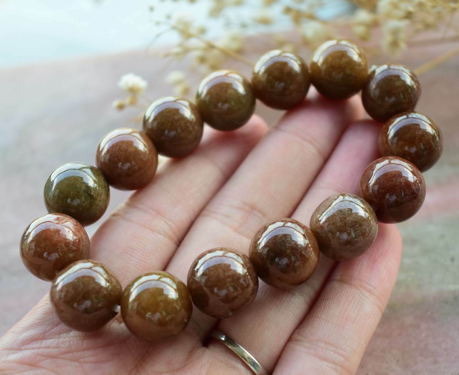 Certified13.5mm Brown Red Natural A JADE Jadeite Beads Bangle Bracelet 手链