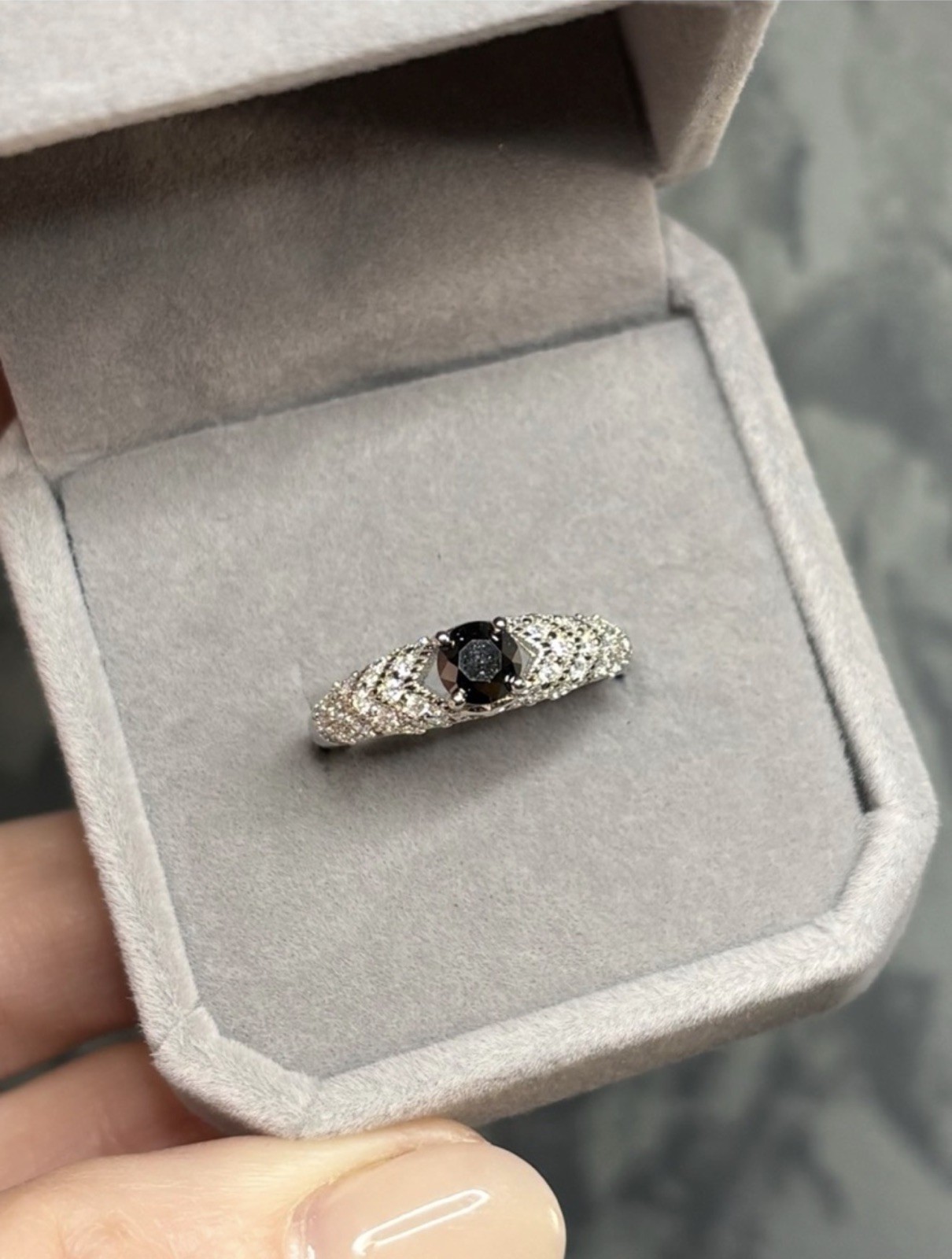 Exquisite Natural Black Diamond .61CT & Topaz 925 Sterling Silver Ring Size 7