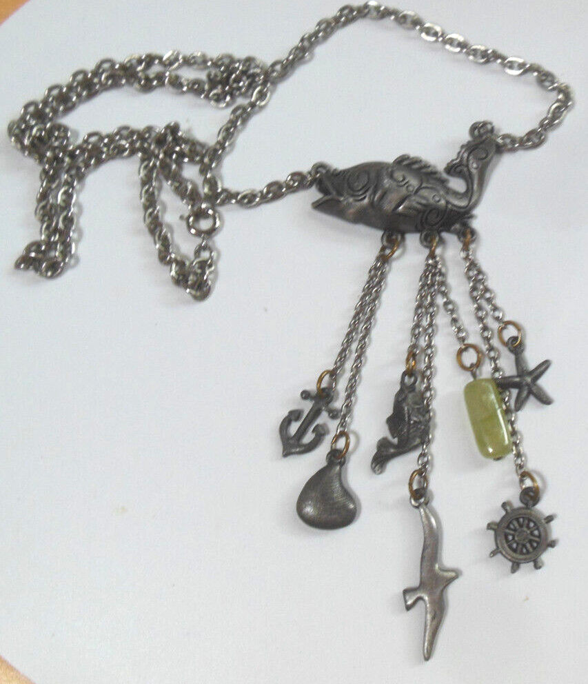 Vintage Signed JJ Fish Pendant Necklace W/Dangling Ocean Charms 25.5″