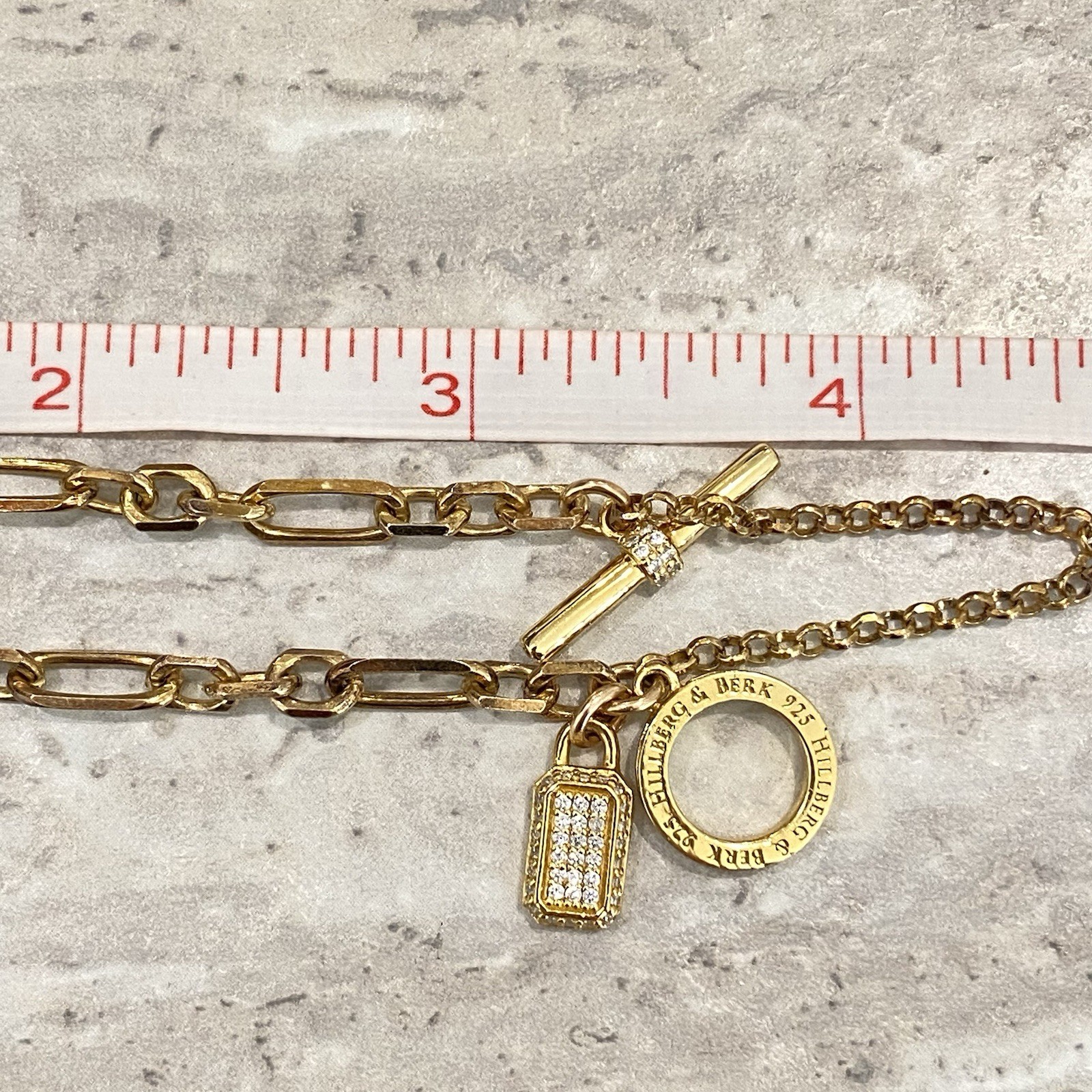 Hillberg & Berk Gemstone Bracelet 925 Gold Paper Clip Lock Charm Cubic Zirconia